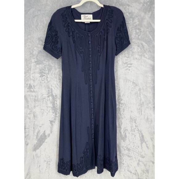 Vintage Sarah Elizabeth Dress Womens 14 Navy Soutache Trim Midi Button Front - Picture 1 of 15